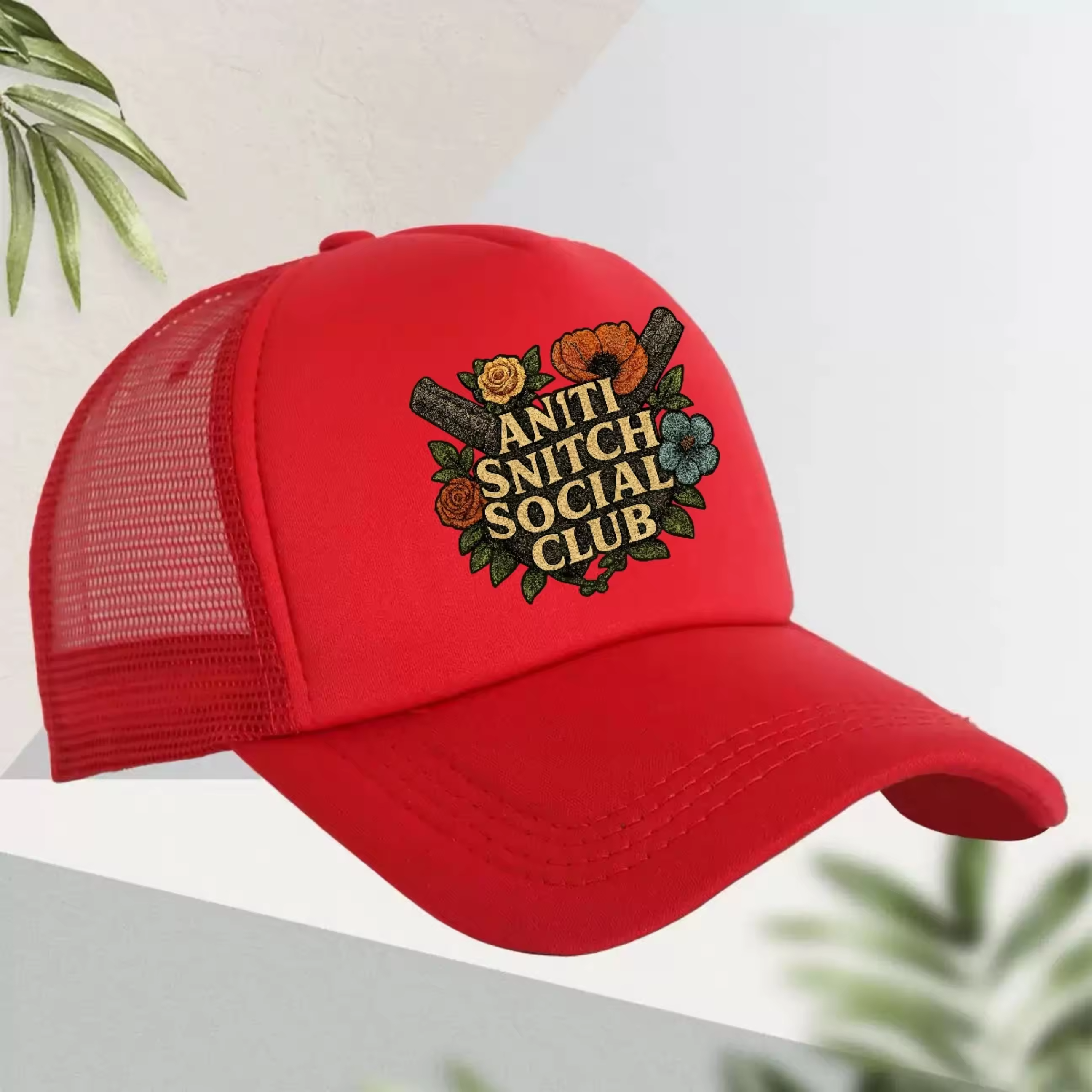 Anti Snitch Social Club Red Floral Trucker Hat
